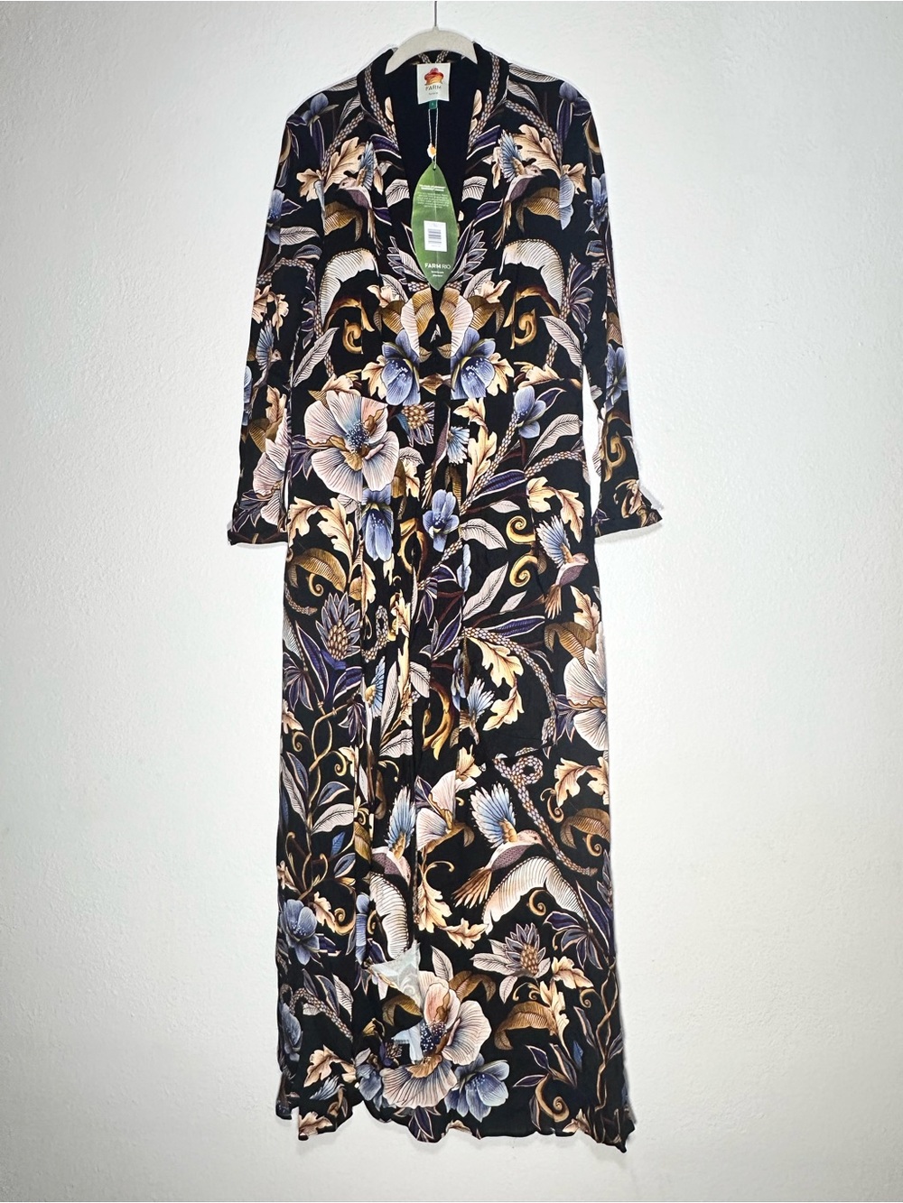 FARM Rio Black Floral Maxi Dress with Blue & Gold Accents